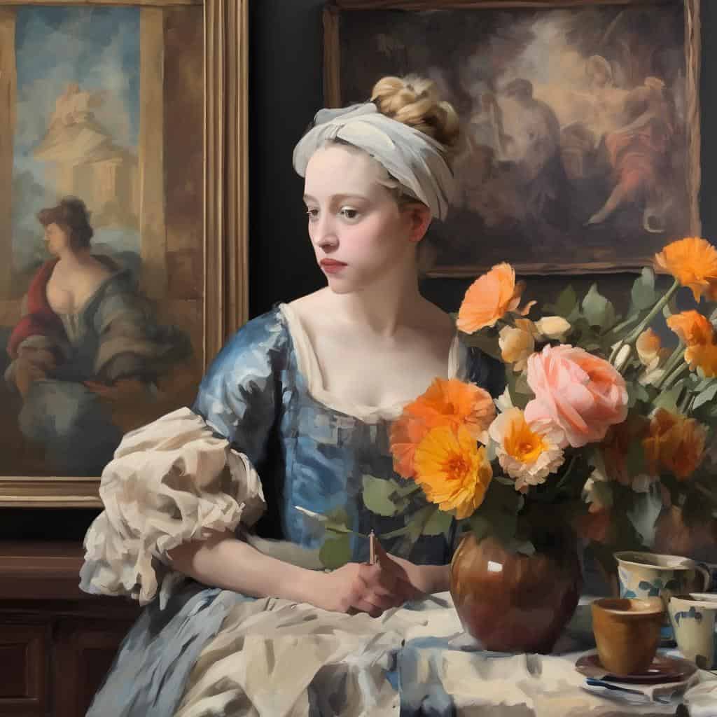 Λευκή νέα γυναίκα σε σύγχρονη τέχνη με λουλούδια και παλαιά έργα τέχνης, πορτρέτο καλλιτέχνη σε γκαλερί.